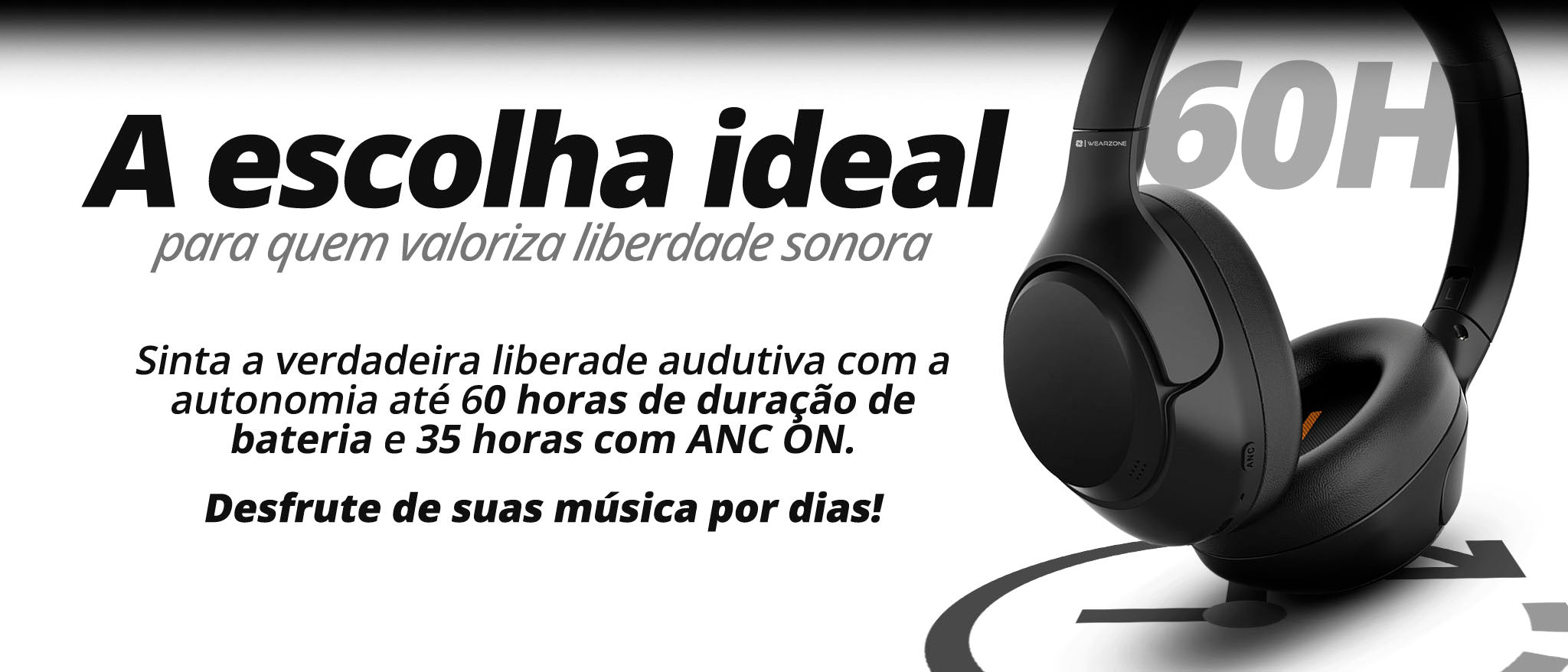 Fone WZ08 preto com até 60 horas de bateria e 35 horas com ANC ligado